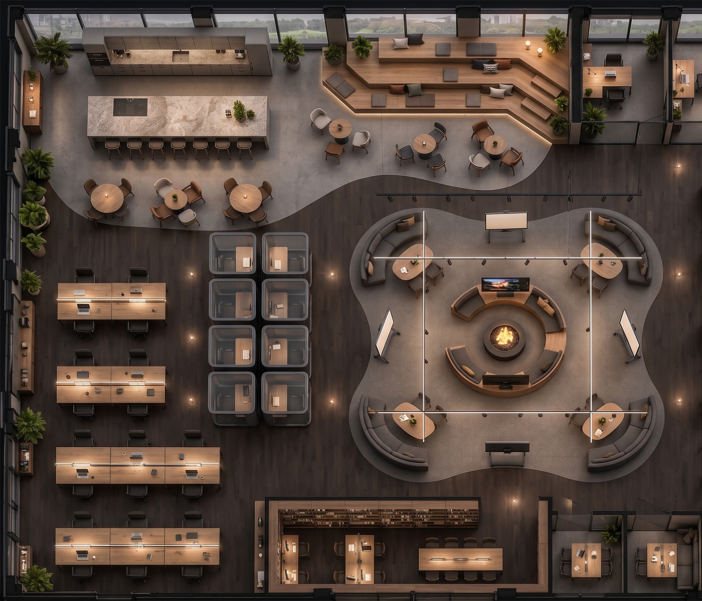 Photorealistic 3D rendering of a lit space